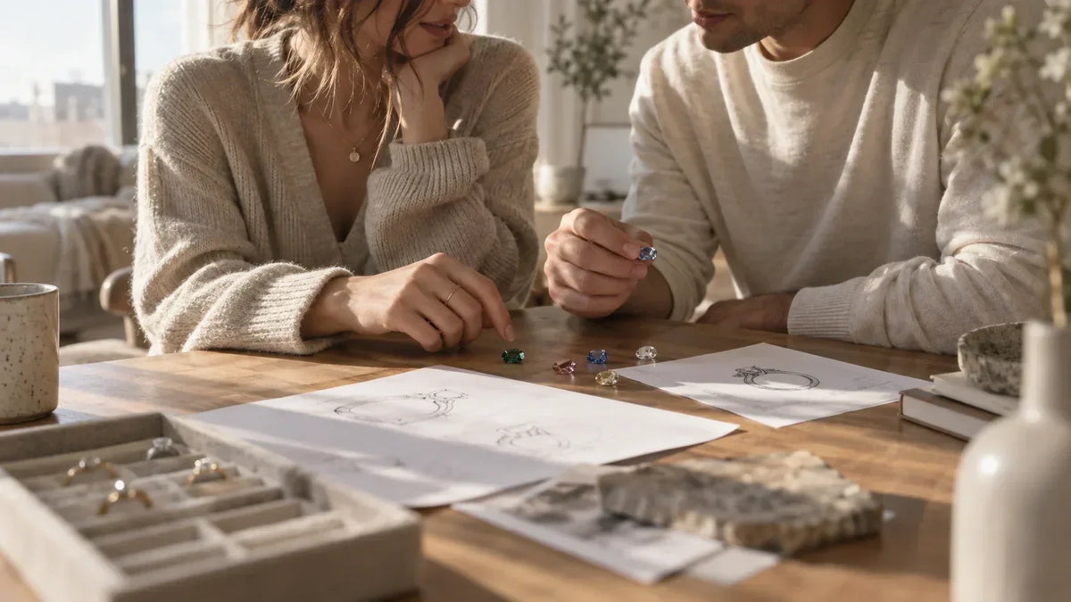 Gen Z couple choosing an engagement ring together in 2027, showing personal choice and modern ring trends