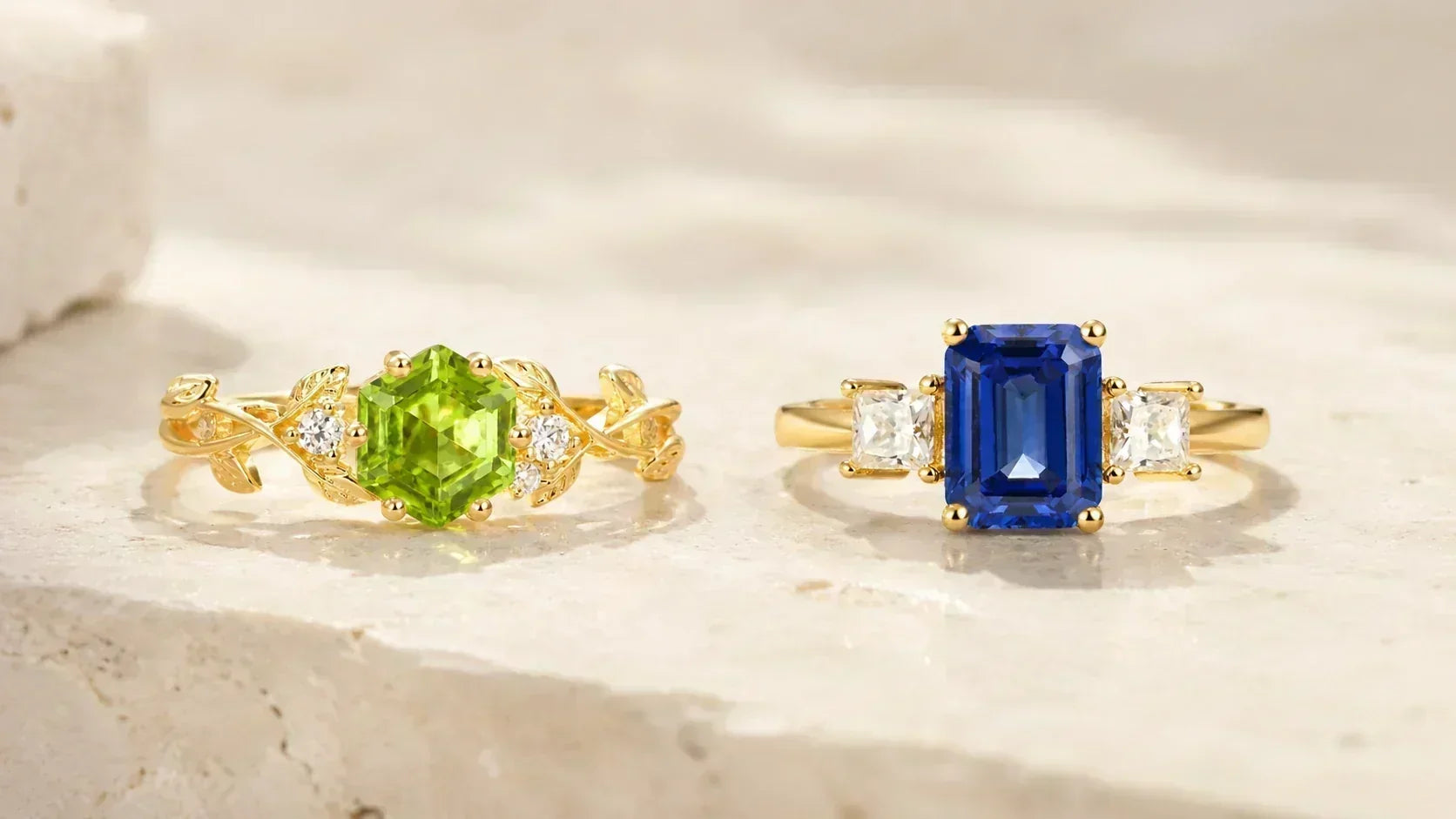 Natural peridot and lab-grown sapphire rings representing August and September Virgo birthstones