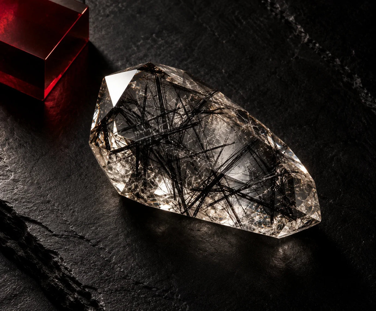 A black rutilated quartz stone showing fine dark rutile needles suspended inside clear quartz on a dark background