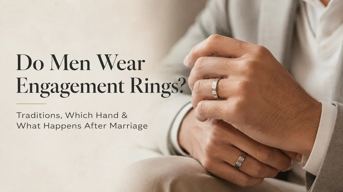 Man wearing an engagement ring, illustrating men's engagement ring traditions, which hand to wear it on, and what happens after marriage.