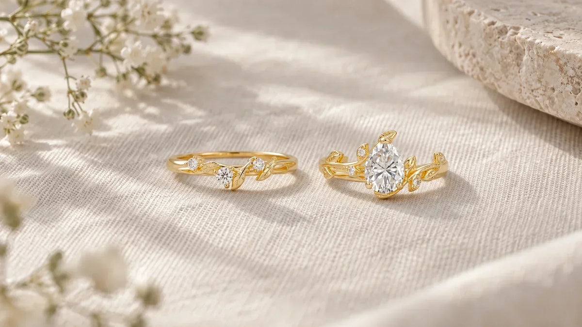 Engagement ring and wedding band side by side on soft linen background