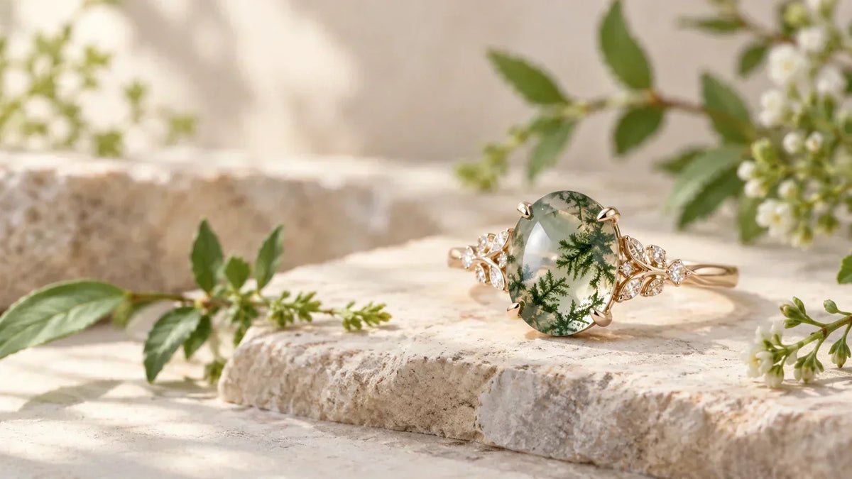Moss agate ring with green dendritic inclusions worn on a hand in soft natural light