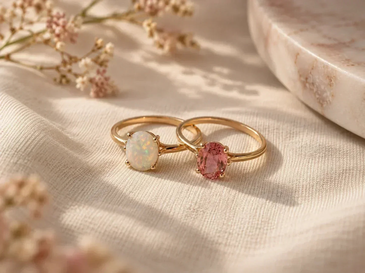 The two October birthstones compared: a white precious opal ring beside a pink tourmaline ring