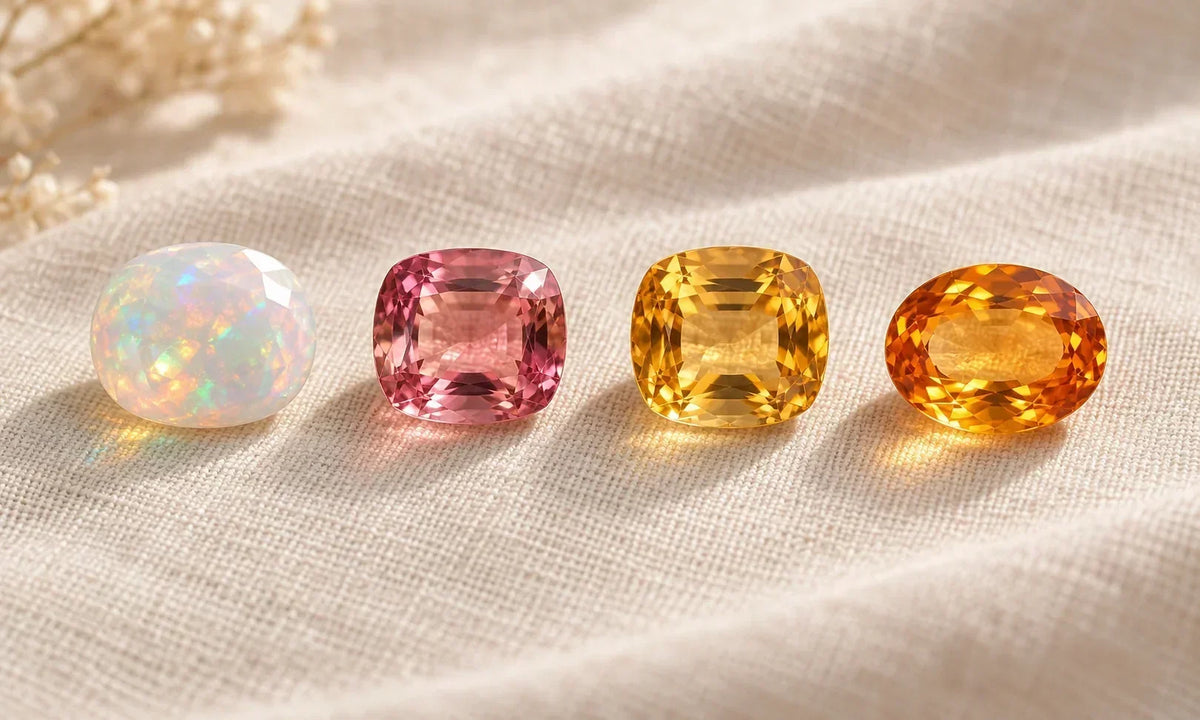 The four Scorpio birthstones arranged by birthday: opal, pink tourmaline, topaz and citrine