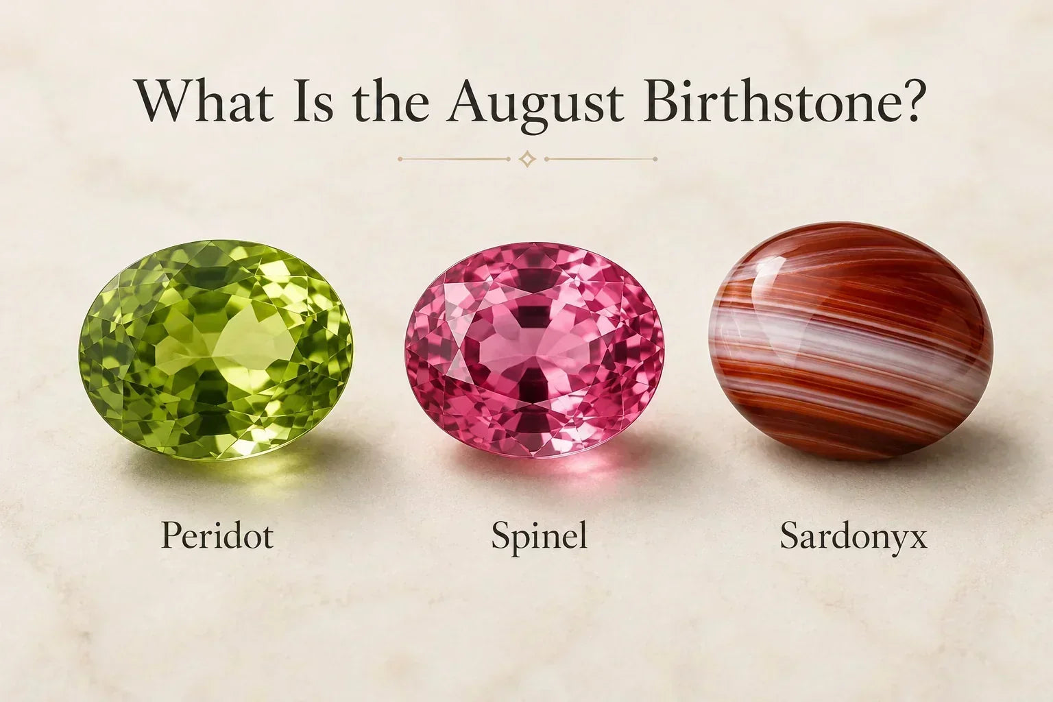 Peridot, spinel and sardonyx shown as the three August birthstones