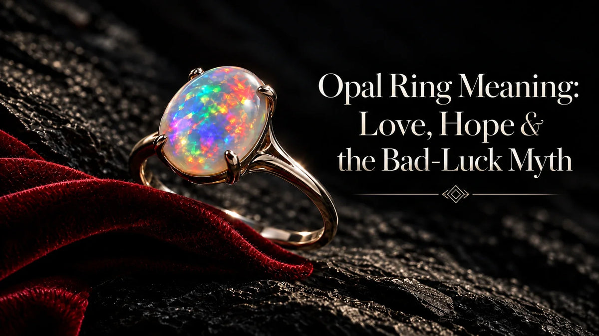 White opal engagement ring with shifting rainbow play-of-color on a dark background
