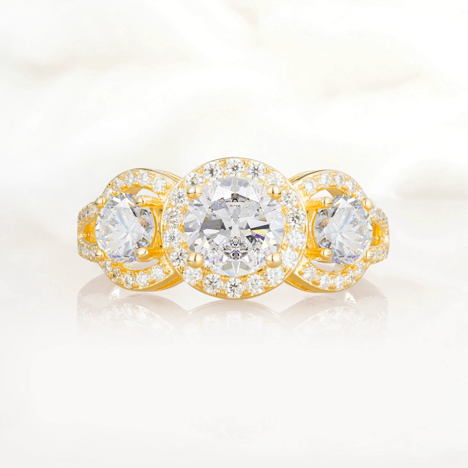 Three Stone Pavé Round Cut Moissanite Engagement Ring