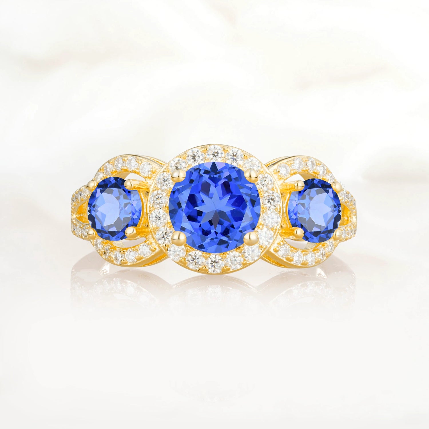 Three Stone Pavé Round Cut Sapphire Engagement Ring