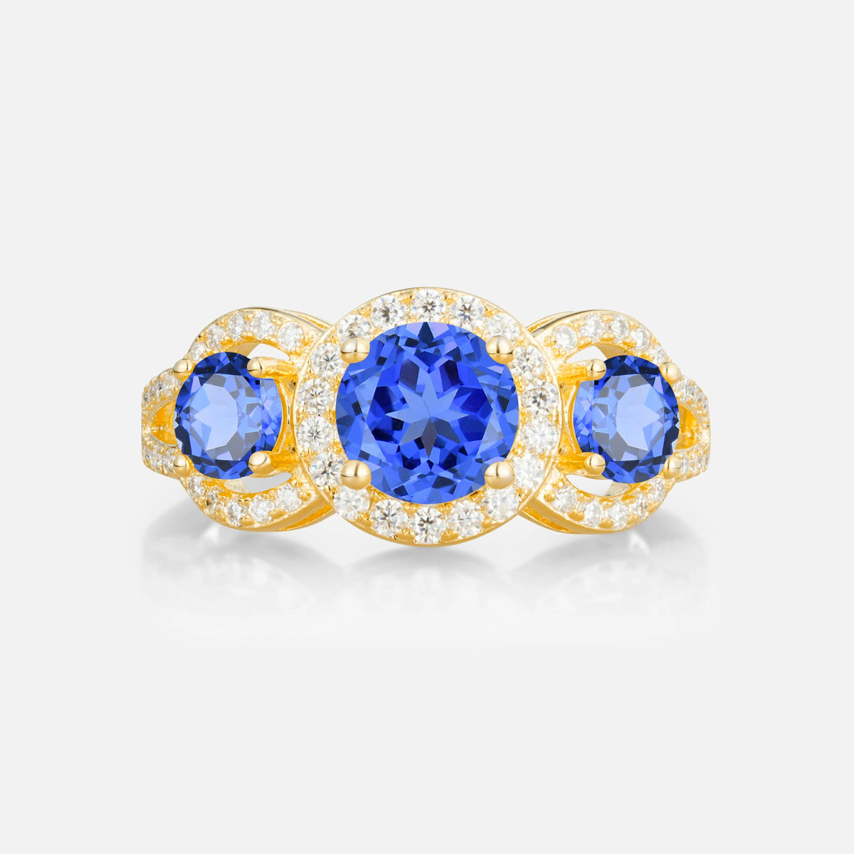 Three Stone Pavé Round Cut Sapphire Engagement Ring