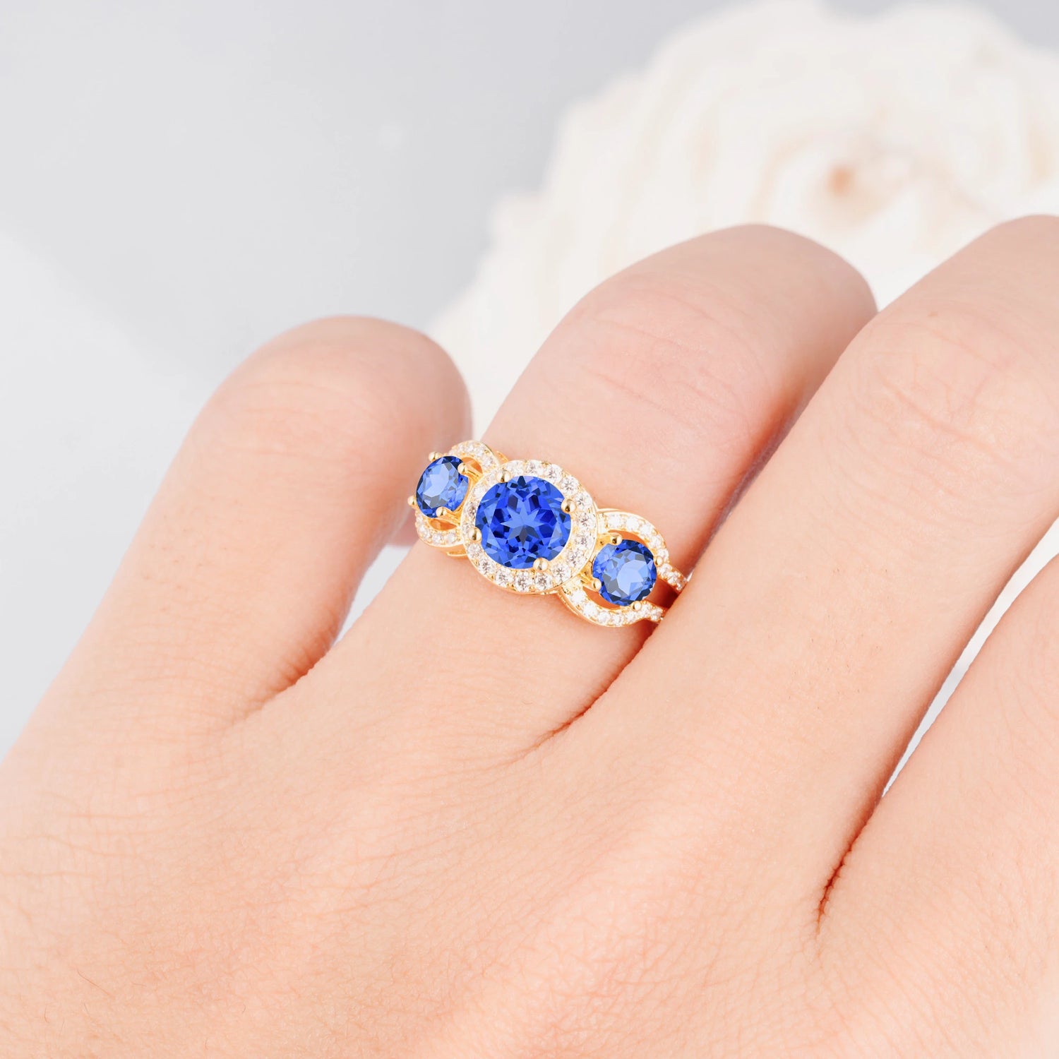 Three Stone Pavé Round Cut Sapphire Engagement Ring