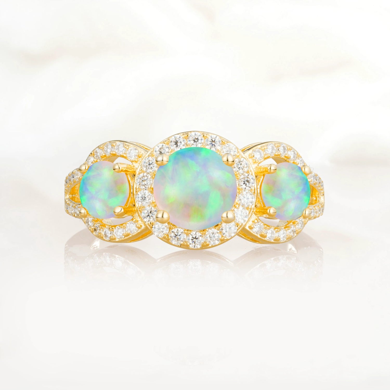 Three Stone Pavé Round Cut Opal Engagement Ring