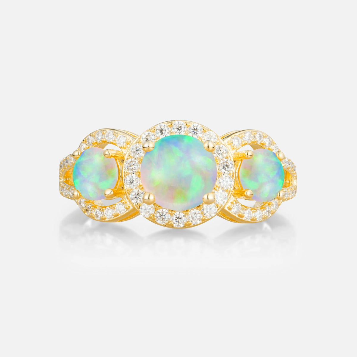Three Stone Pavé Round Cut Opal Engagement Ring