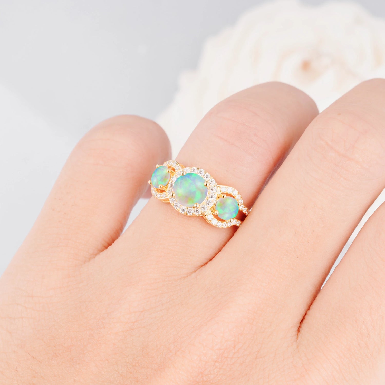 Three Stone Pavé Round Cut Opal Engagement Ring