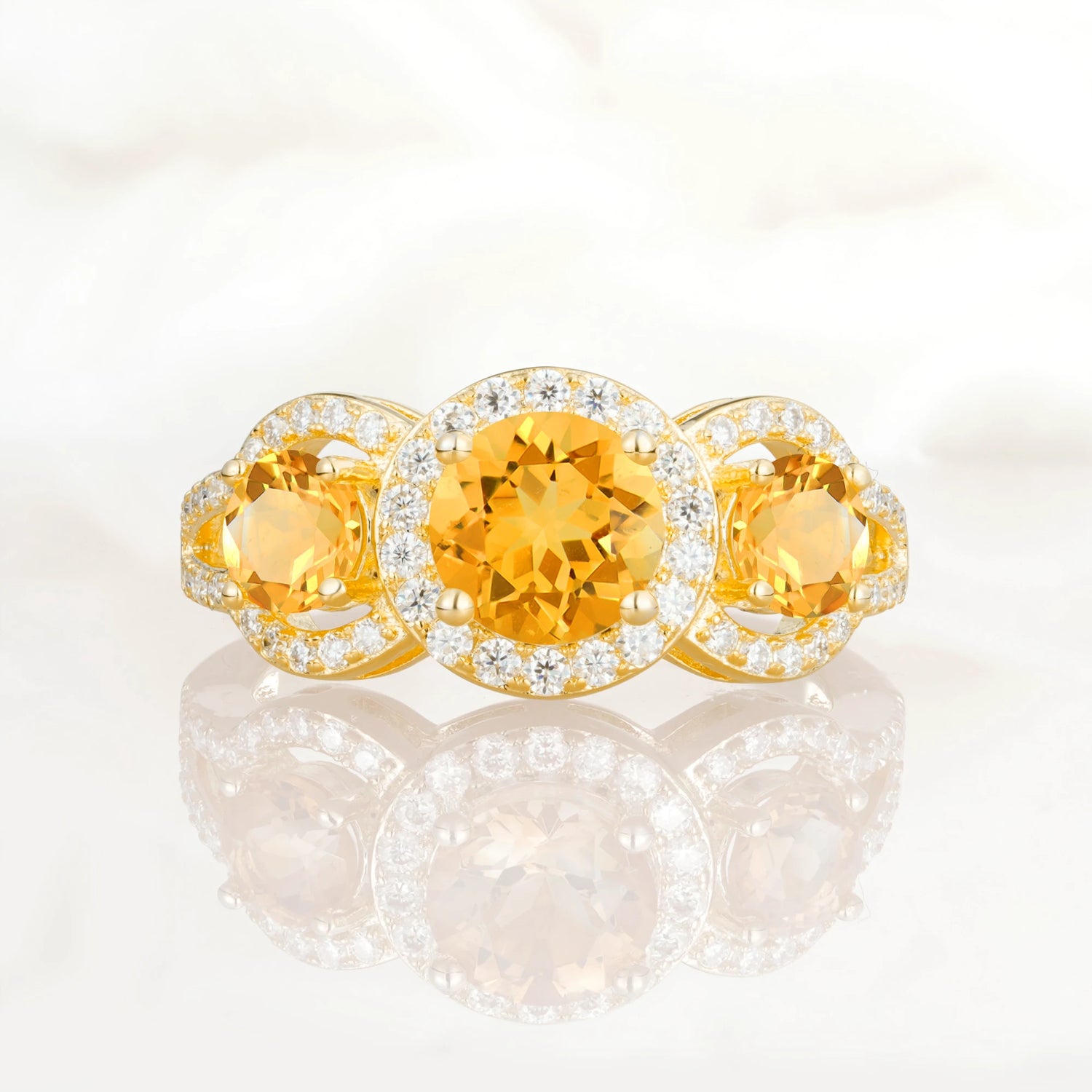 Three Stone Pavé Round Cut Citrine Engagement Ring