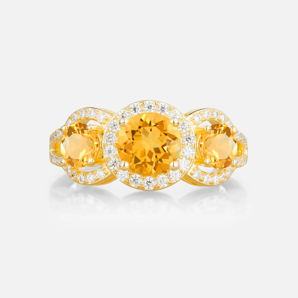 Three Stone Pavé Round Cut Citrine Engagement Ring