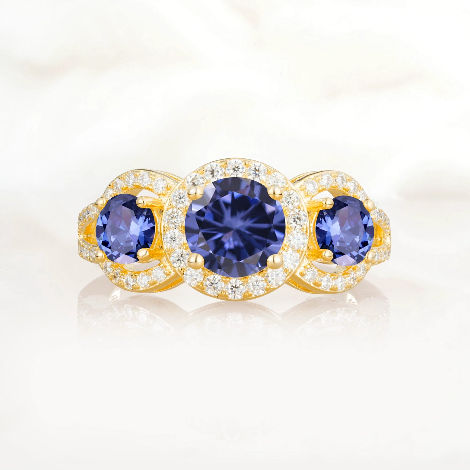 Three Stone Pavé Round Cut Tanzanite Engagement Ring