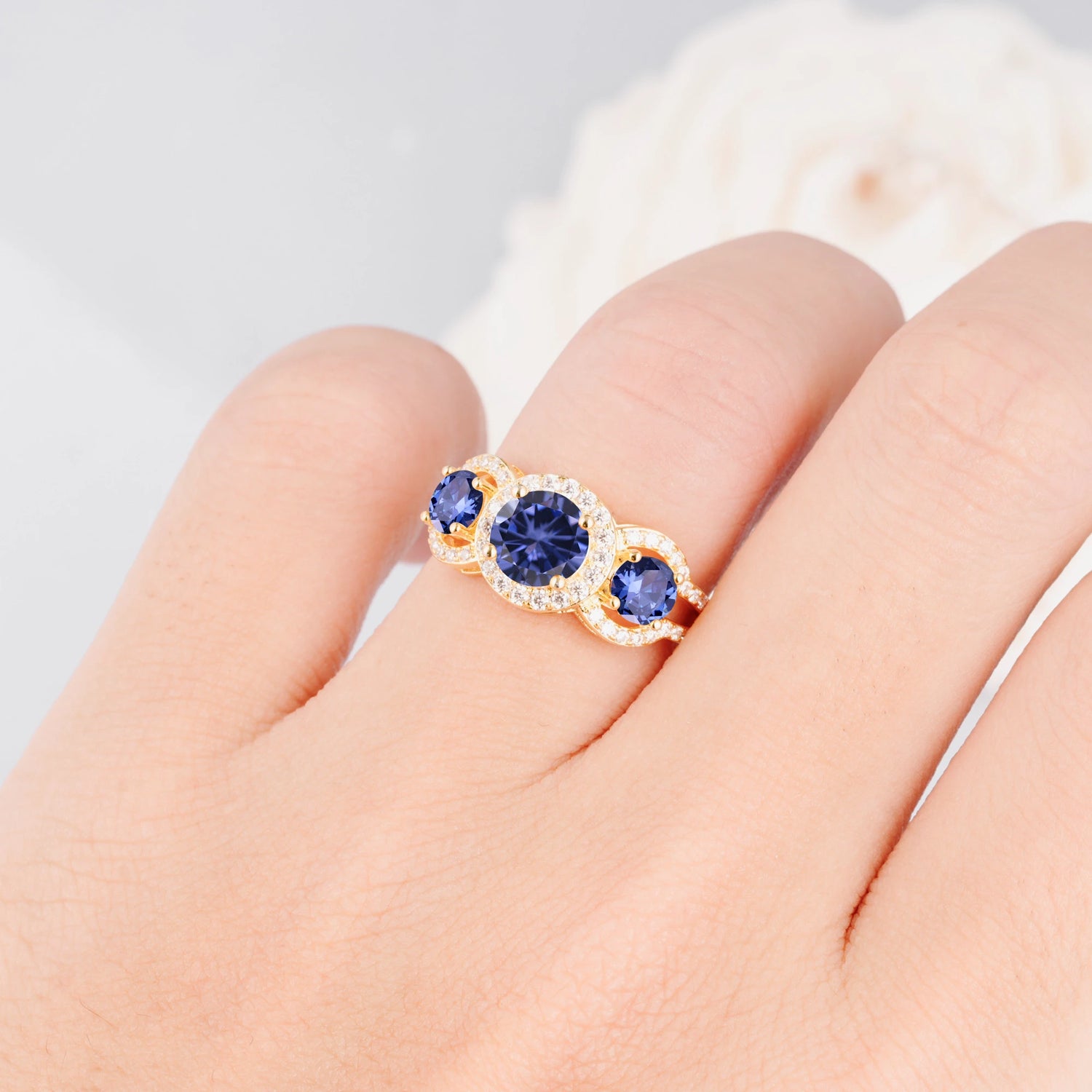 Three Stone Pavé Round Cut Tanzanite Engagement Ring