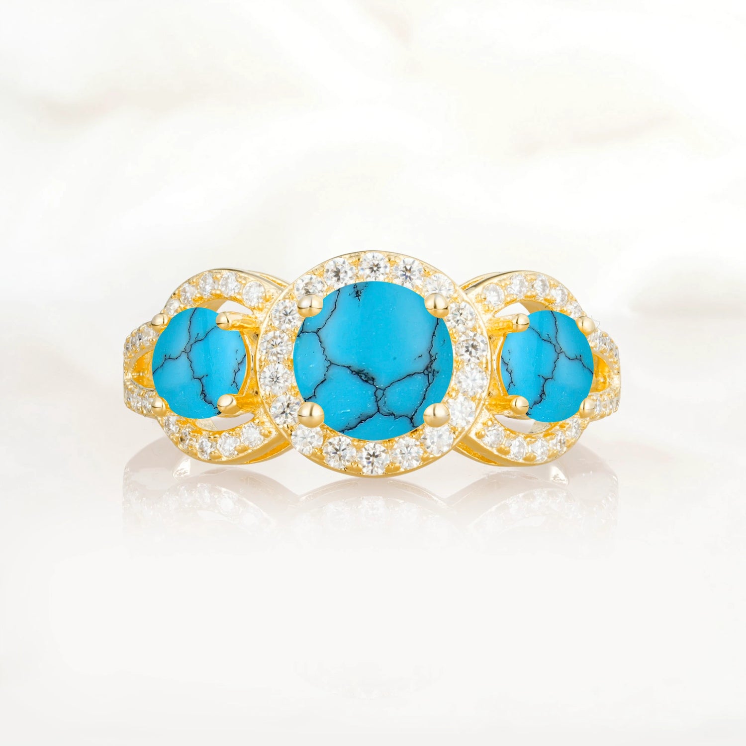 Three Stone Pavé Round Cut Turquoise Engagement Ring