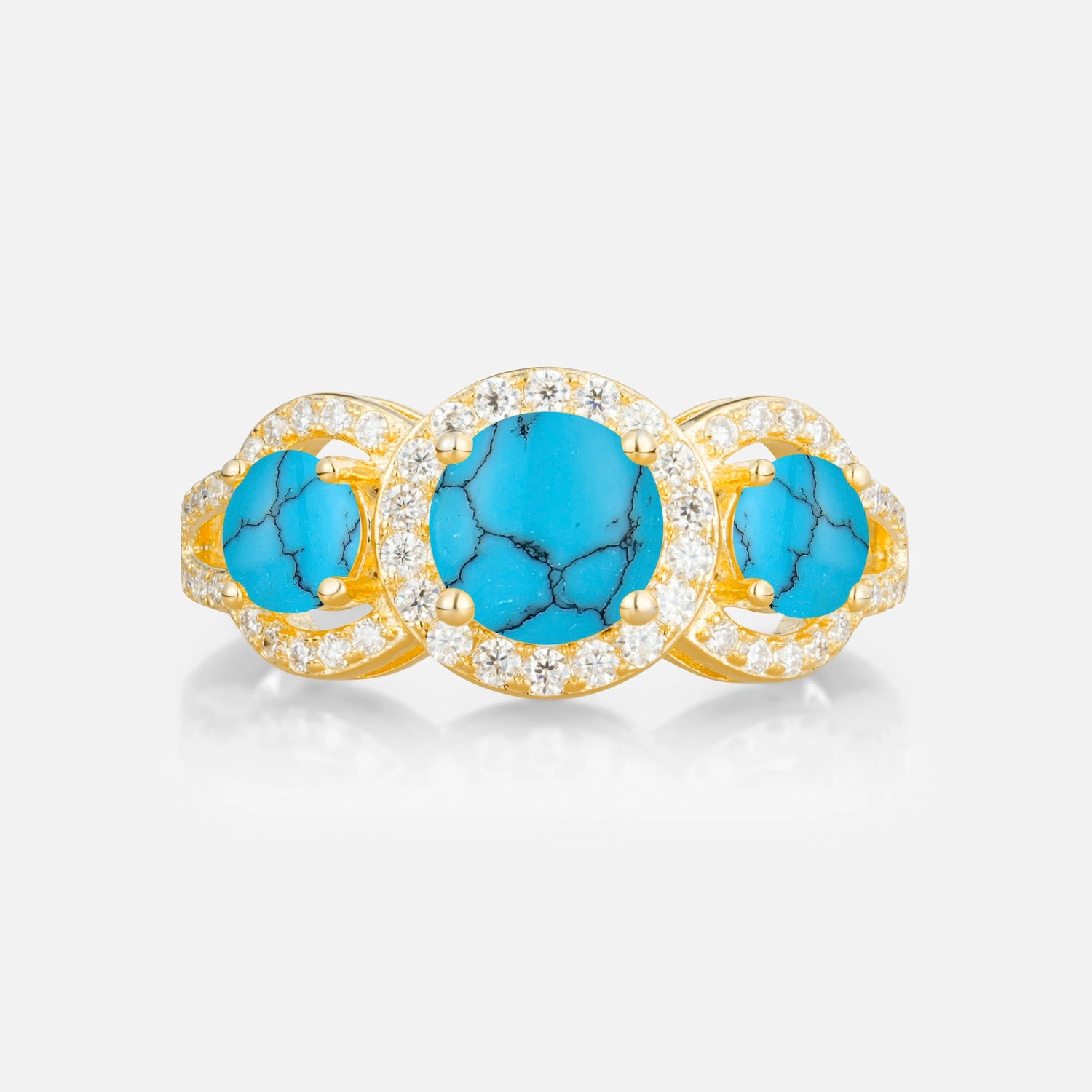 Three Stone Pavé Round Cut Turquoise Engagement Ring