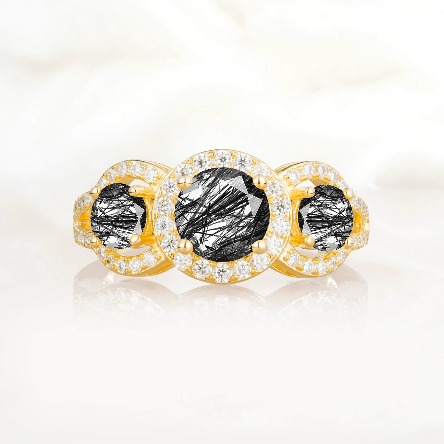 Three Stone Pavé Round Cut Black Rutilated Quartz Engagement Ring