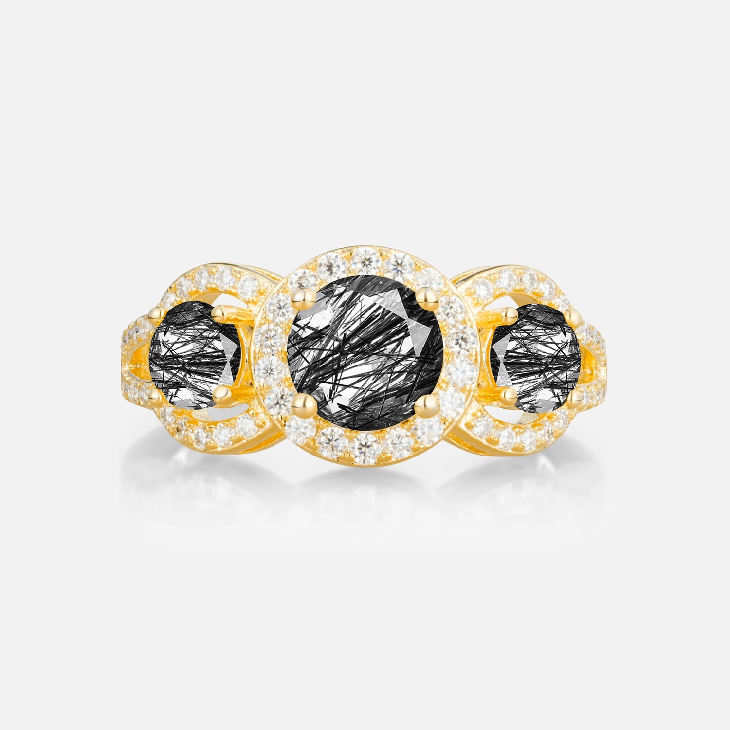 Three Stone Pavé Round Cut Black Rutilated Quartz Engagement Ring