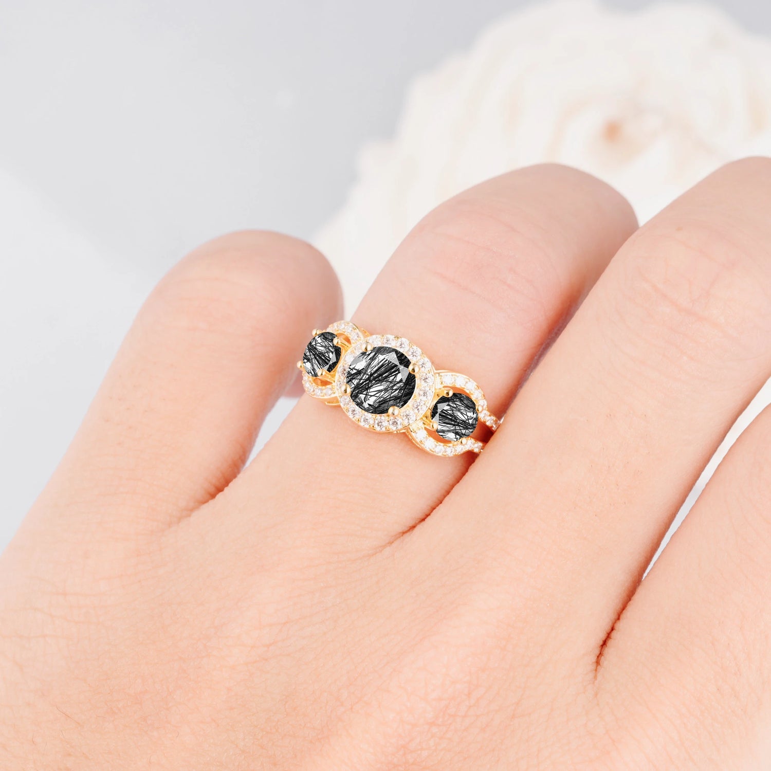 Three Stone Pavé Round Cut Black Rutilated Quartz Engagement Ring