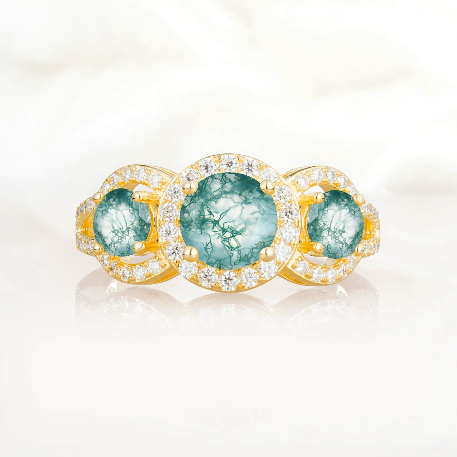 Three Stone Pavé Round Cut Moss Agate Engagement Ring