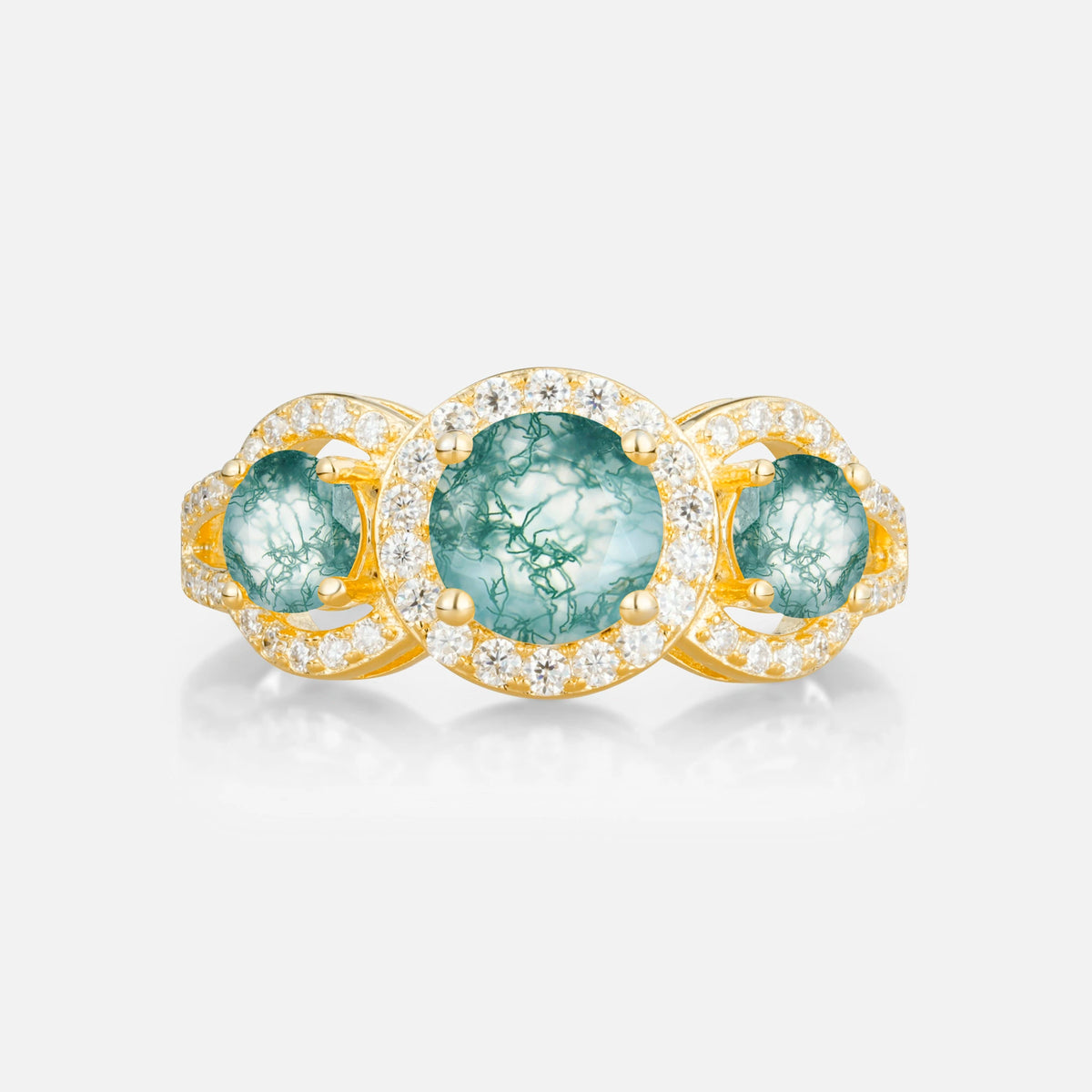 Three Stone Pavé Round Cut Moss Agate Engagement Ring