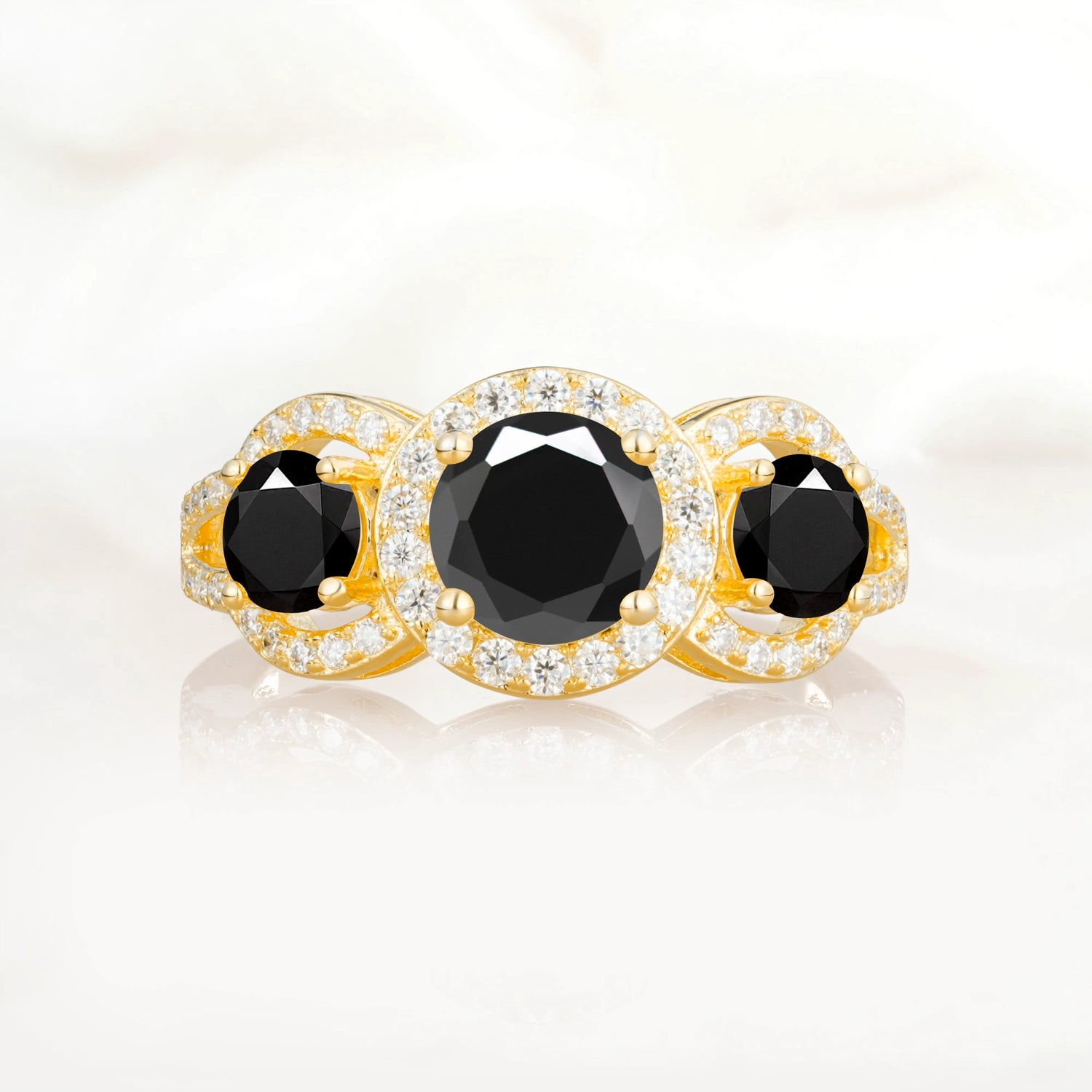 Three Stone Pavé Round Cut Black Onyx Engagement Ring