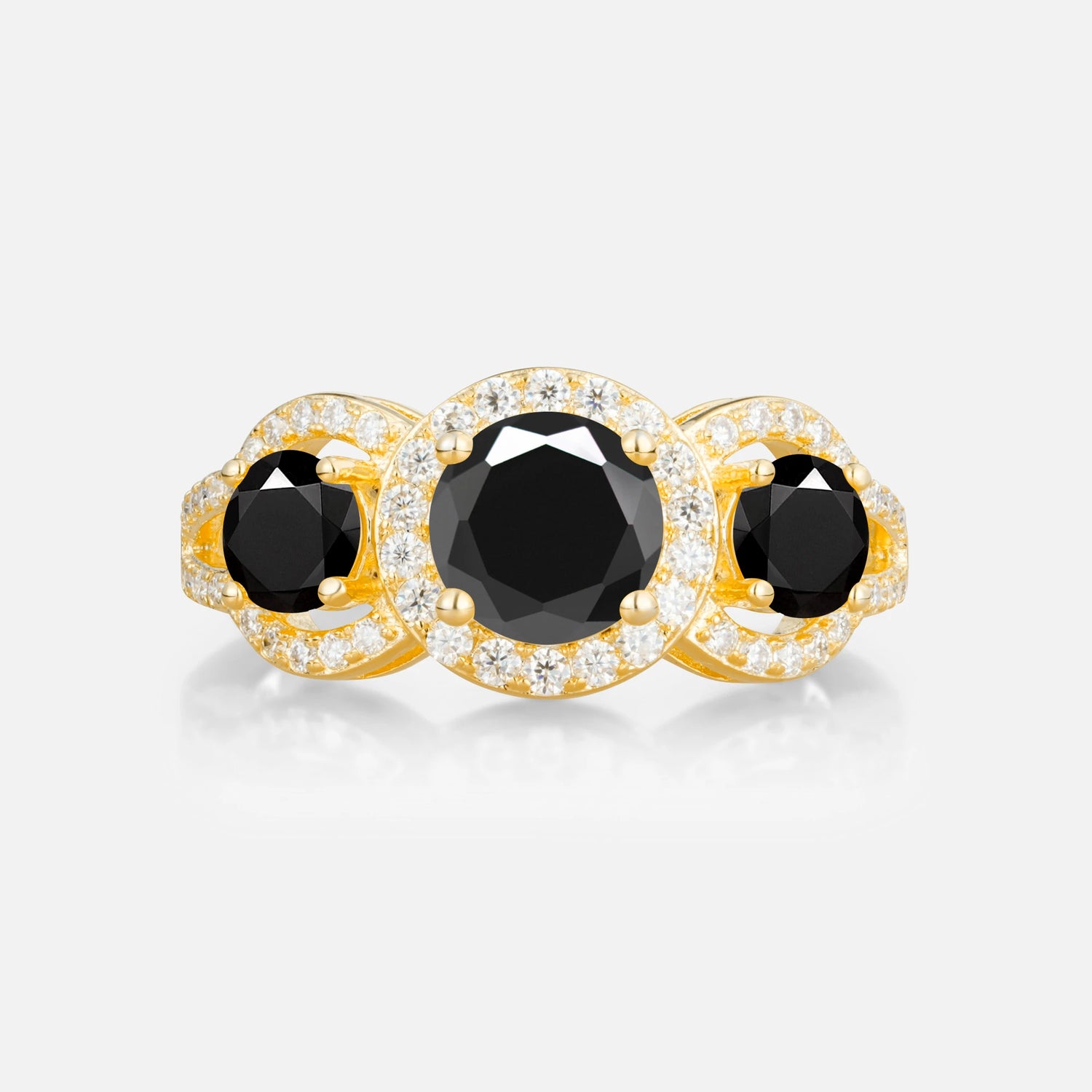 Three Stone Pavé Round Cut Black Onyx Engagement Ring