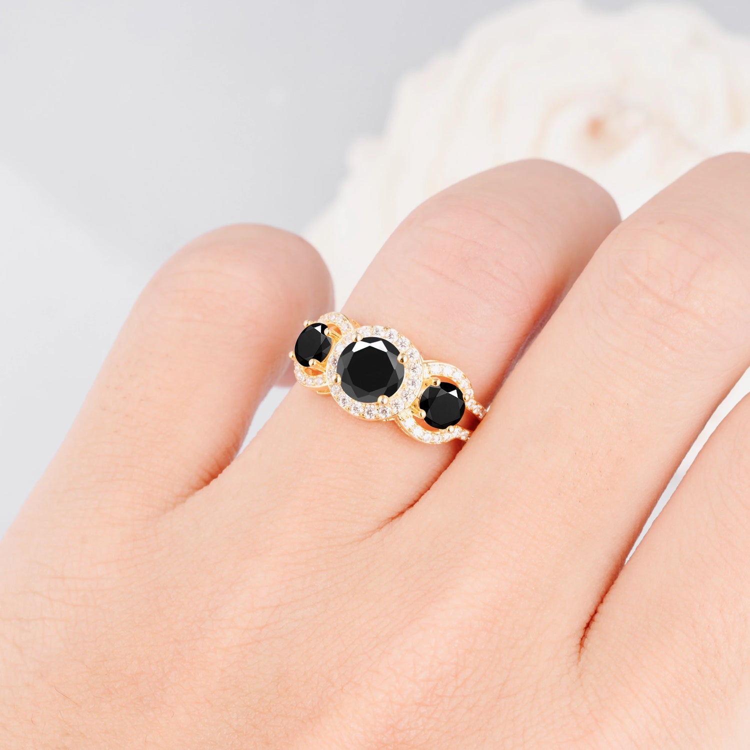 Three Stone Pavé Round Cut Black Onyx Engagement Ring