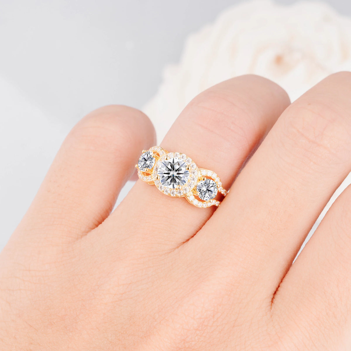 Three Stone Pavé Round Cut Lab-Grown Diamond Engagement Ring