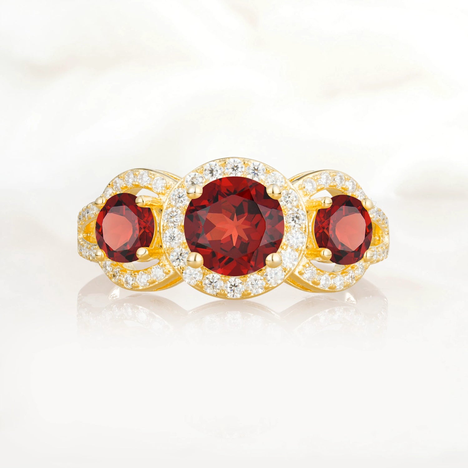 Three Stone Pavé Round Cut Garnet Engagement Ring