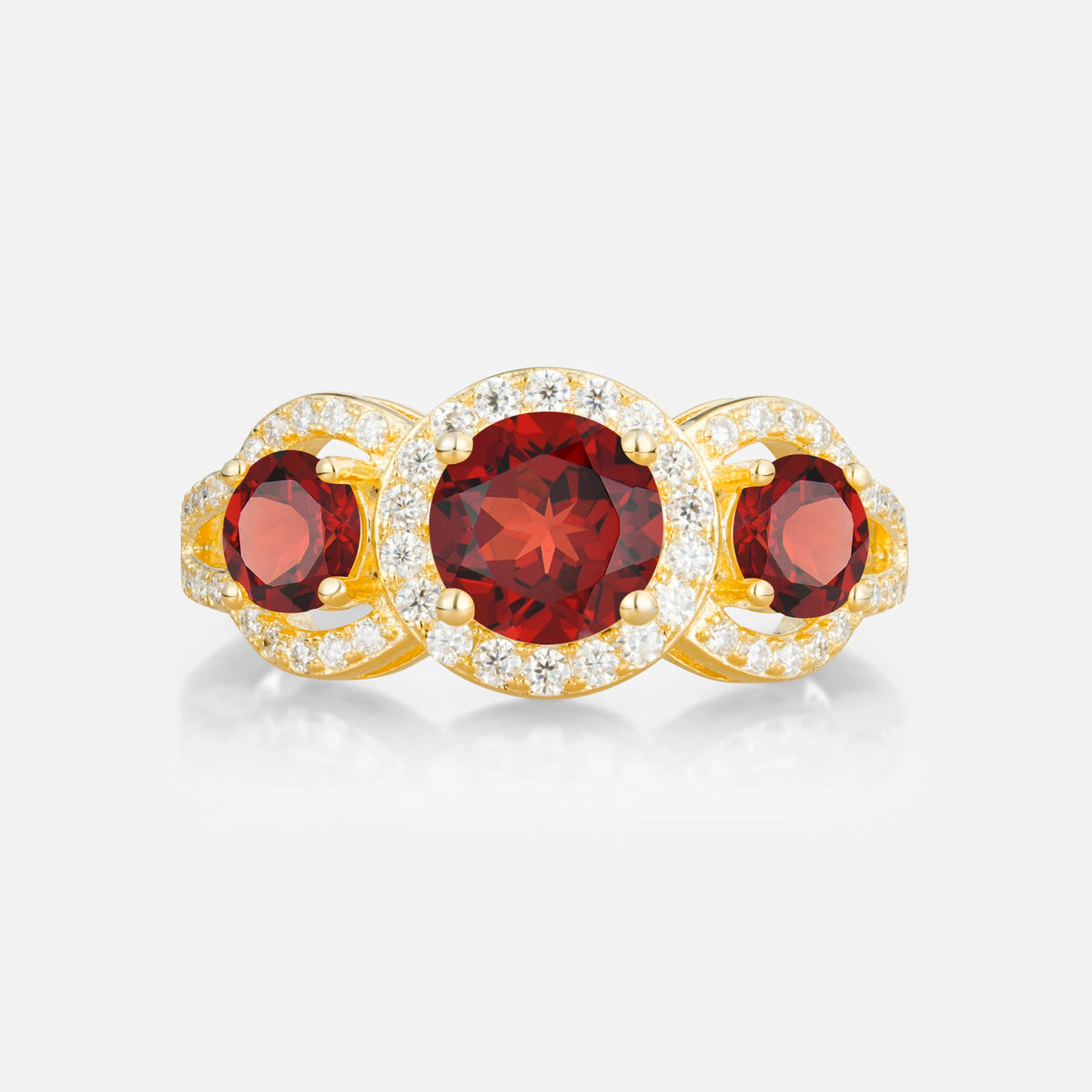 Three Stone Pavé Round Cut Garnet Engagement Ring