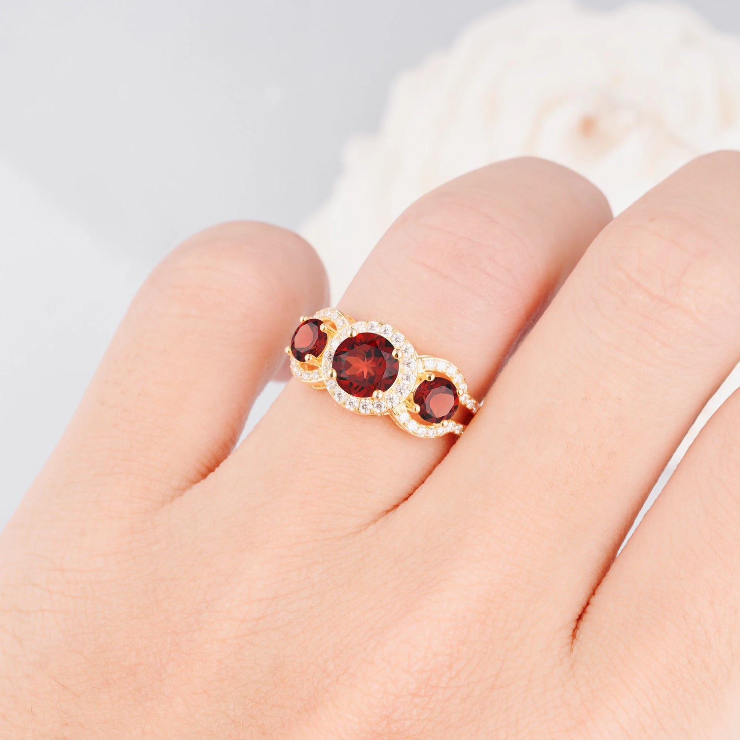 Three Stone Pavé Round Cut Garnet Engagement Ring