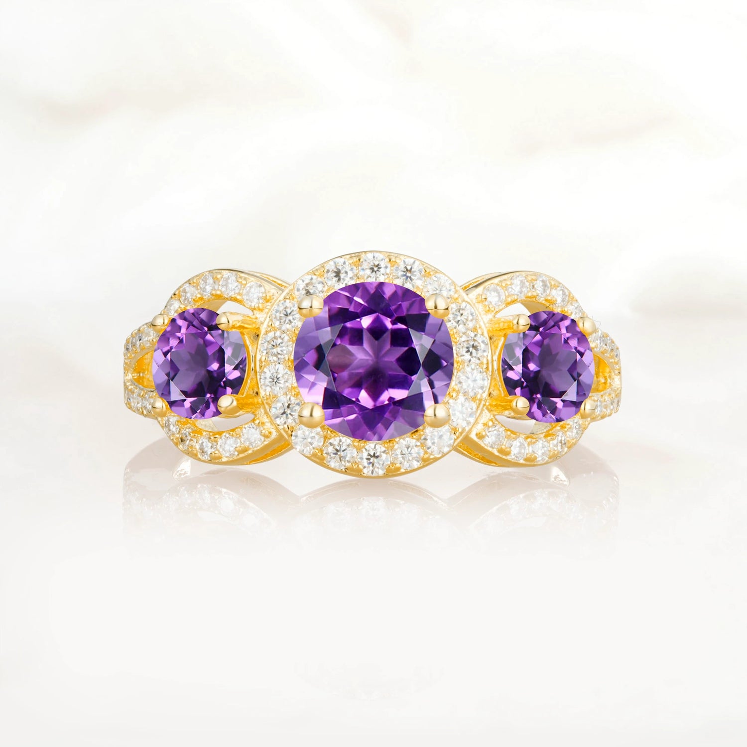 Three Stone Pavé Round Cut Amethyst Engagement Ring