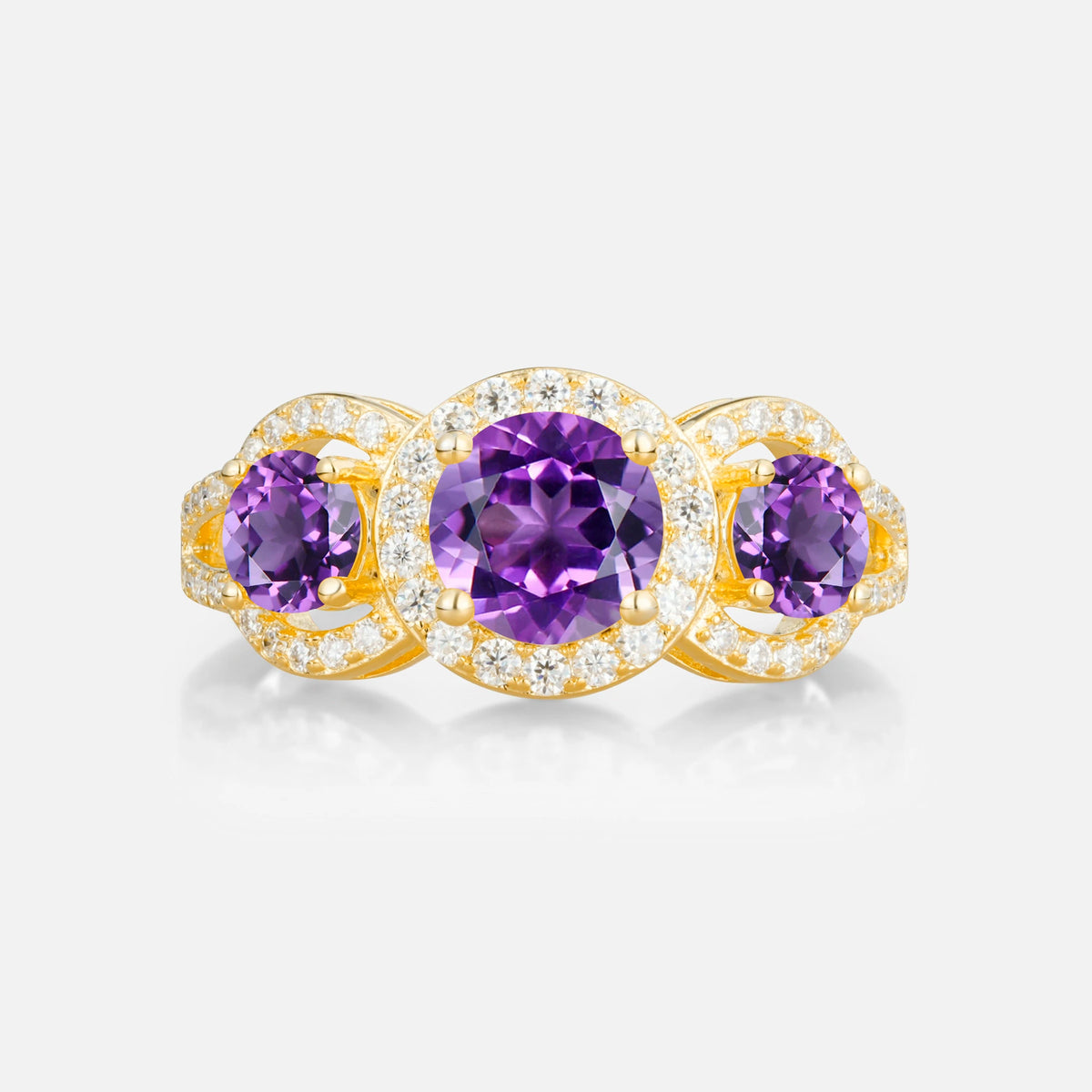 Three Stone Pavé Round Cut Amethyst Engagement Ring