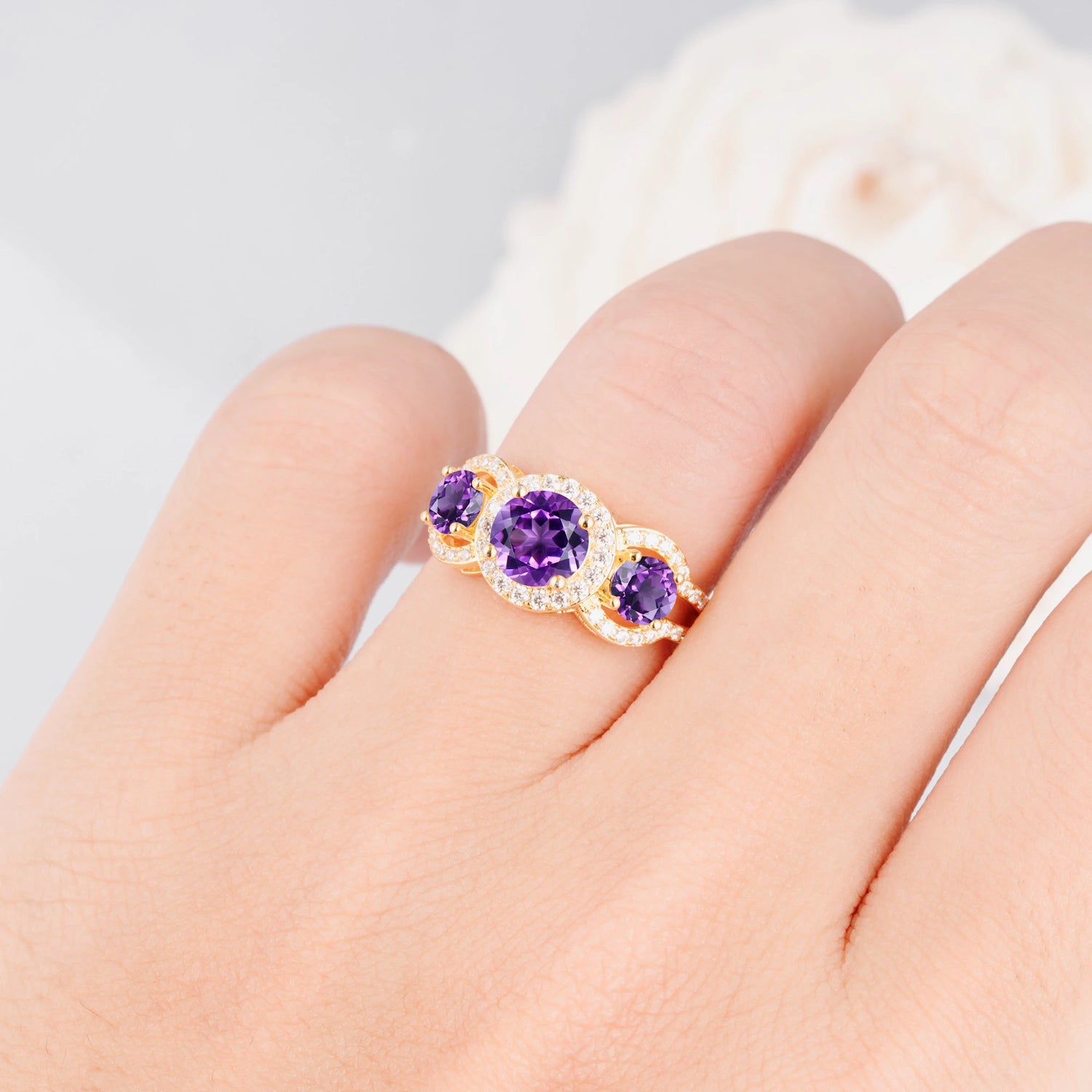 Three Stone Pavé Round Cut Amethyst Engagement Ring