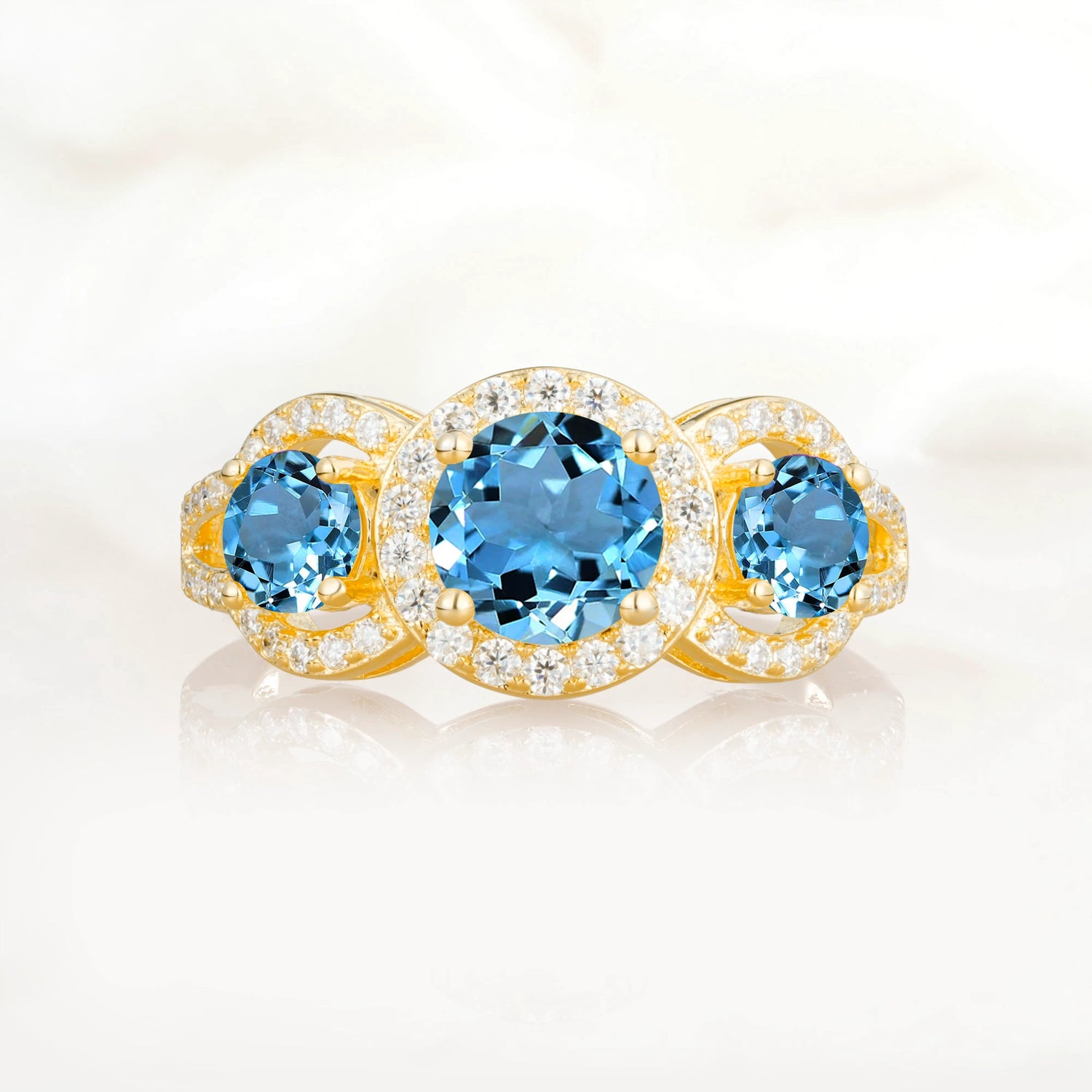 Three Stone Pavé Round Cut Aquamarine Engagement Ring