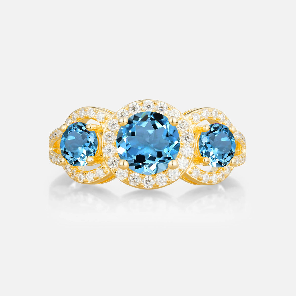 Three Stone Pavé Round Cut Aquamarine Engagement Ring