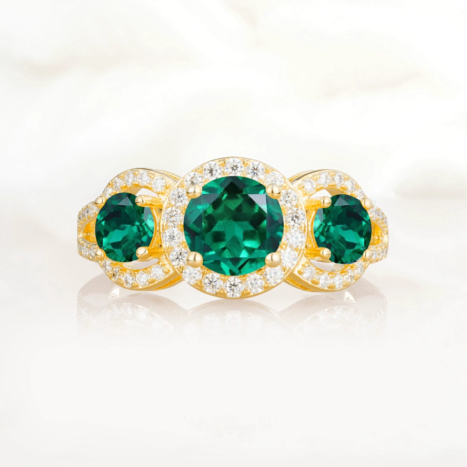 Three Stone Pavé Round Cut Emerald Engagement Ring