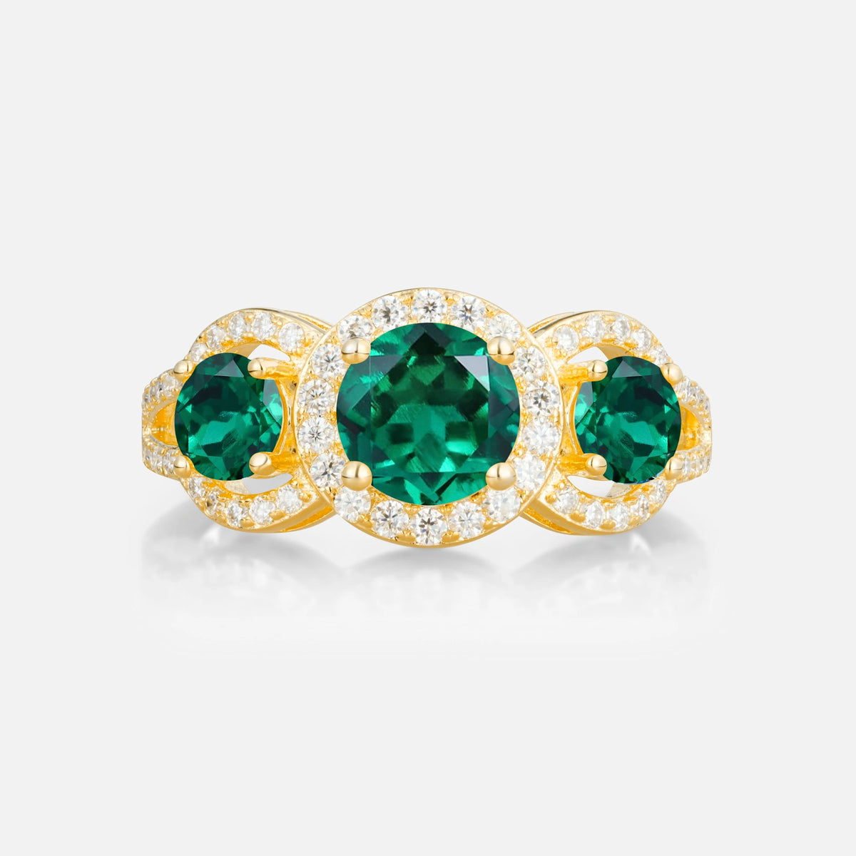Three Stone Pavé Round Cut Emerald Engagement Ring