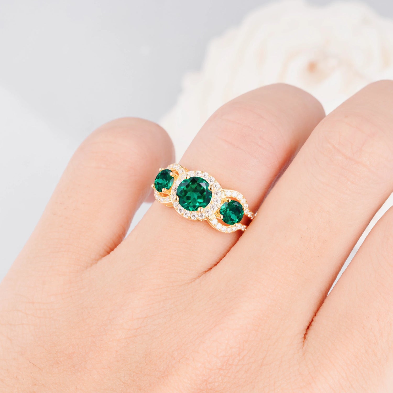 Three Stone Pavé Round Cut Emerald Engagement Ring
