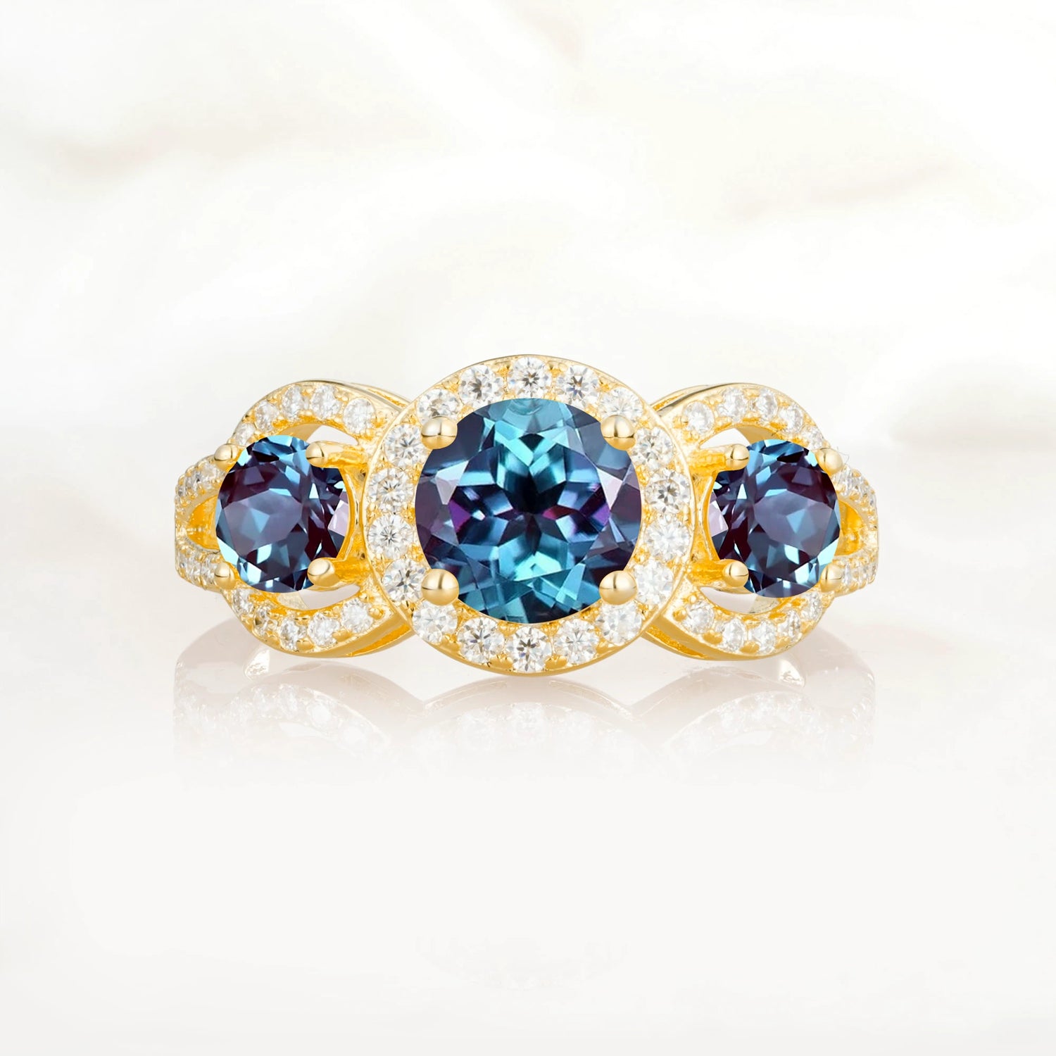 Three Stone Pavé Round Cut Alexandrite Engagement Ring