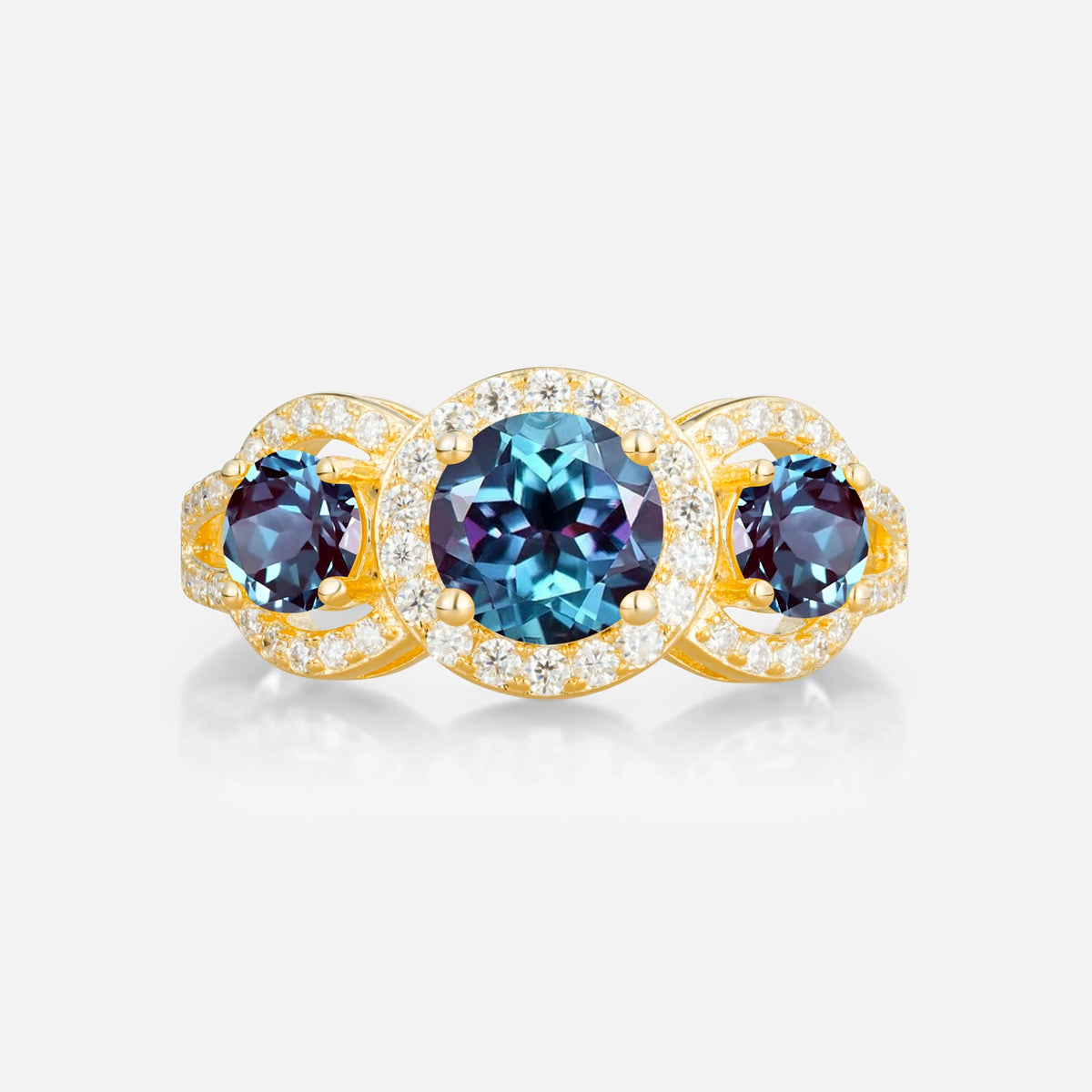 Three Stone Pavé Round Cut Alexandrite Engagement Ring