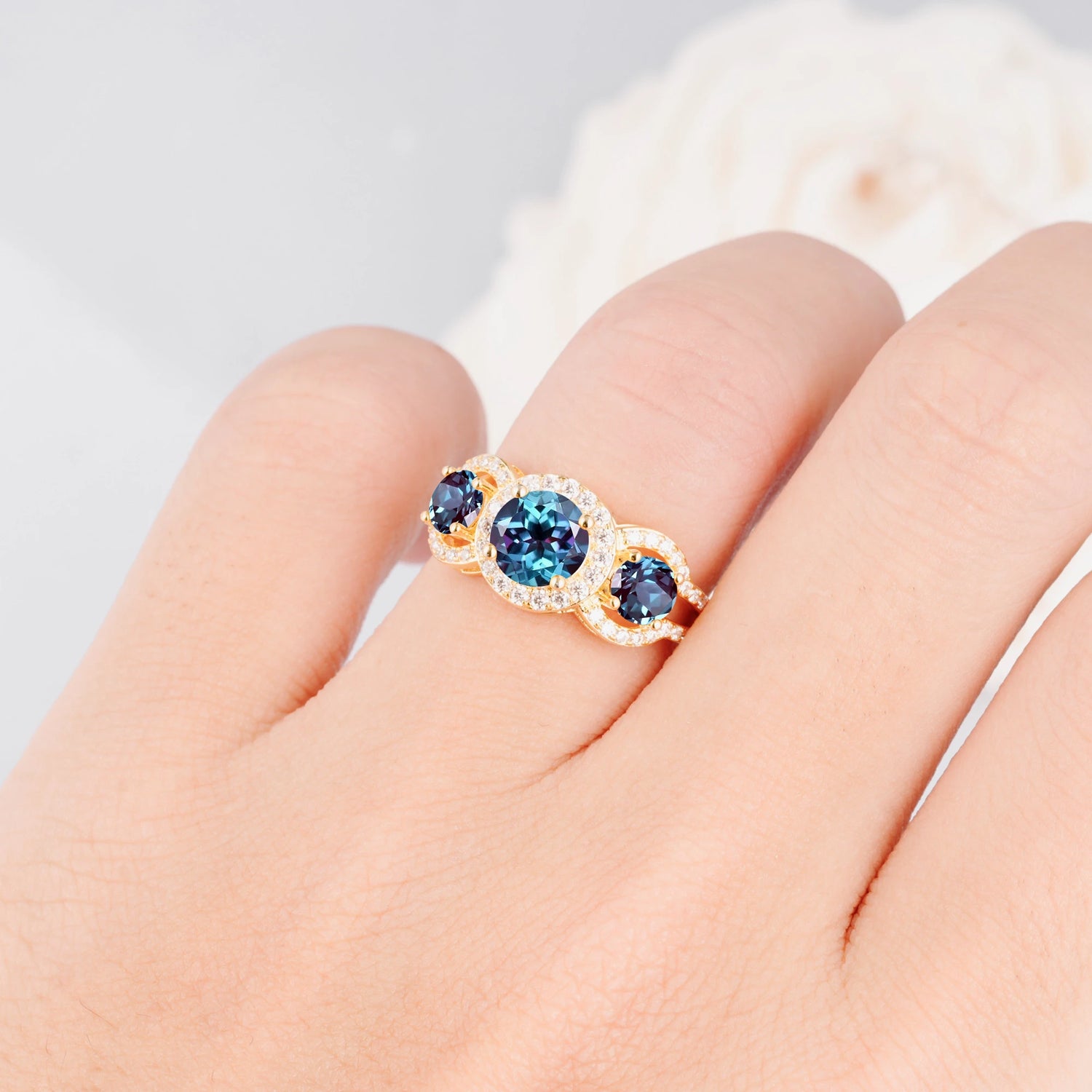 Three Stone Pavé Round Cut Alexandrite Engagement Ring