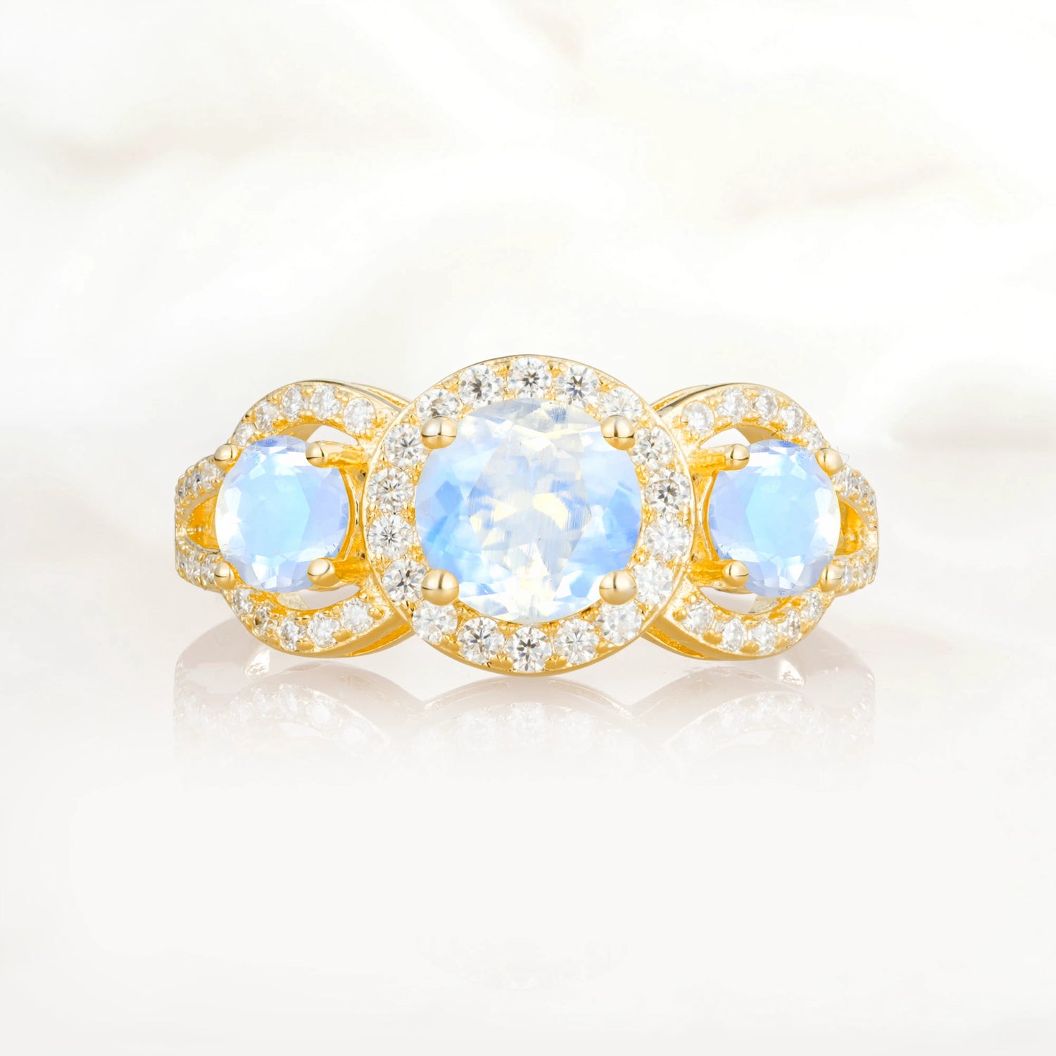 Three Stone Pavé Round Cut Moonstone Engagement Ring