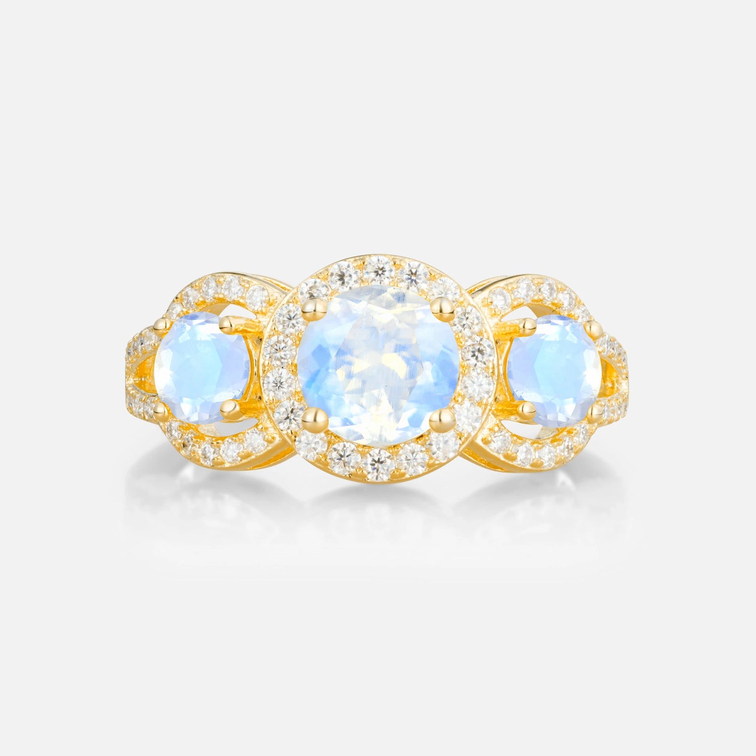 Three Stone Pavé Round Cut Moonstone Engagement Ring