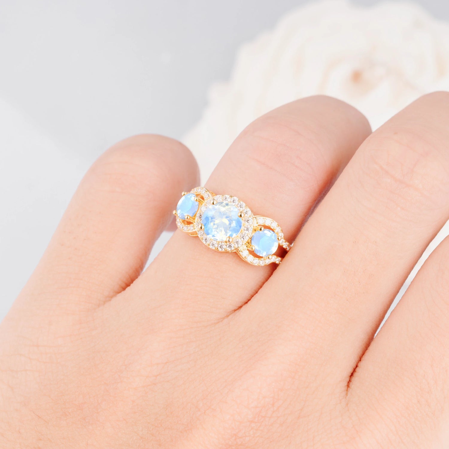 Three Stone Pavé Round Cut Moonstone Engagement Ring