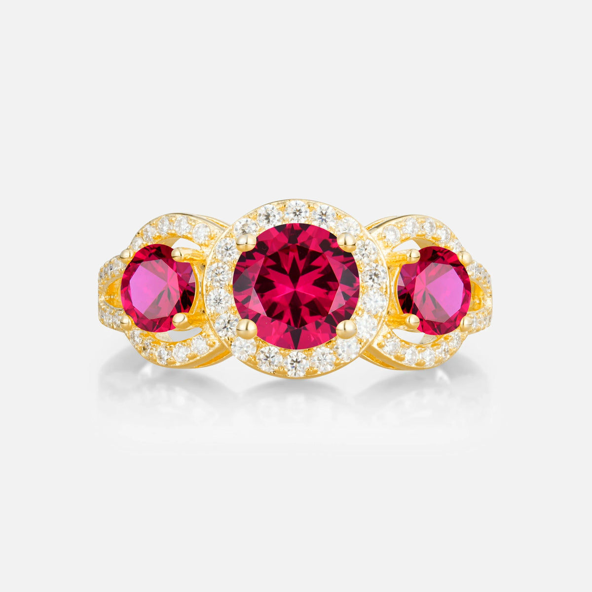 Three Stone Pavé Round Cut Ruby Engagement Ring